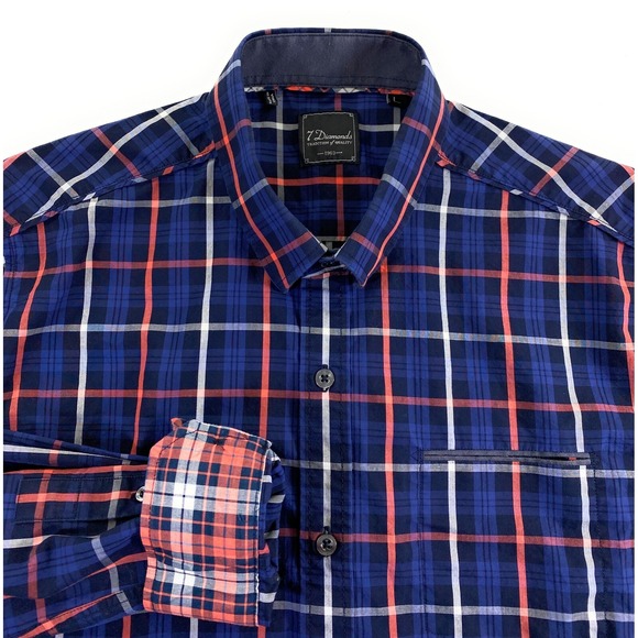 7Diamonds Men's Button Front Flip Cuff 100% Cotton‎ Navy Blue Plaid Shirt Large - Picture 1 of 10